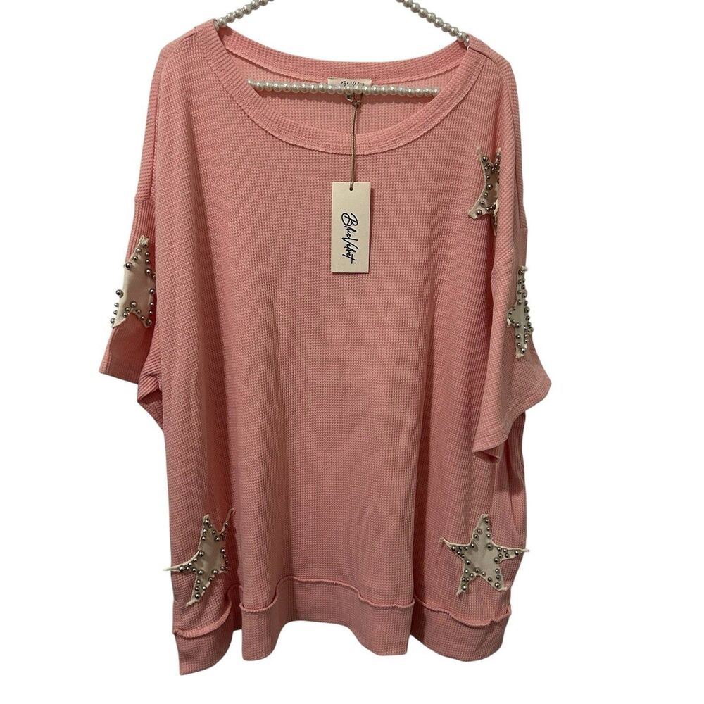BLUE VELVET Women’s Sz XL Oversized Pink Embellished T-Shirt Stars Boxy Beachy